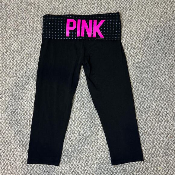 Cute vintage y2k VS PINK low rise fold over logo polka dot capri leggings - Picture 2 of 6
